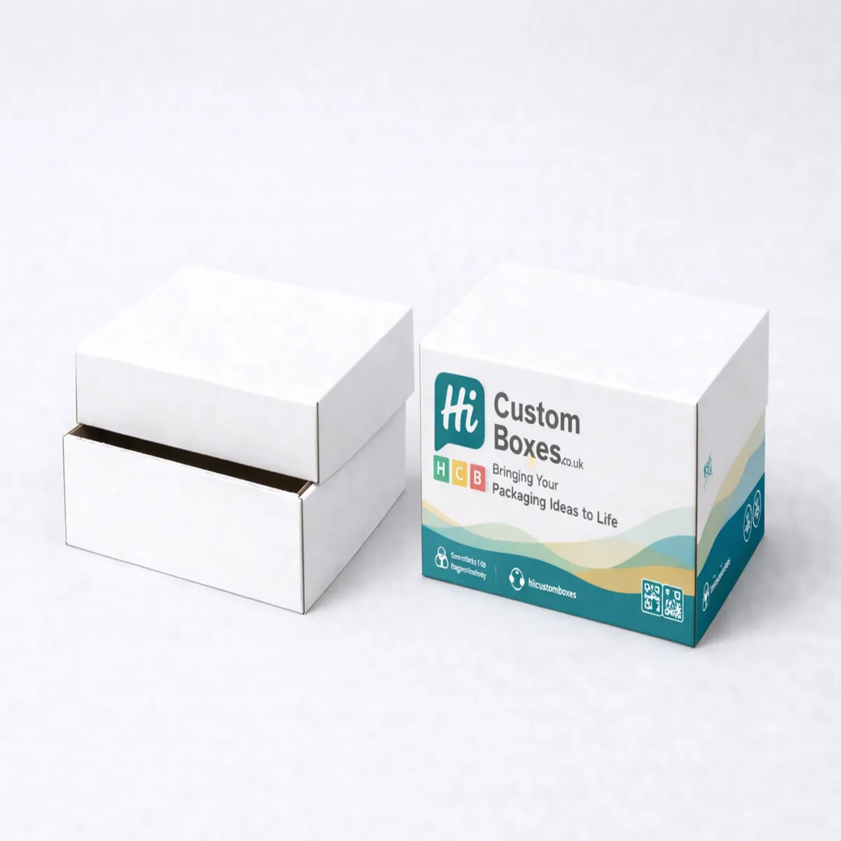 Two-piece corrugated packaging boxes with a lid, featuring a plain white and a bespoke branded version. class=